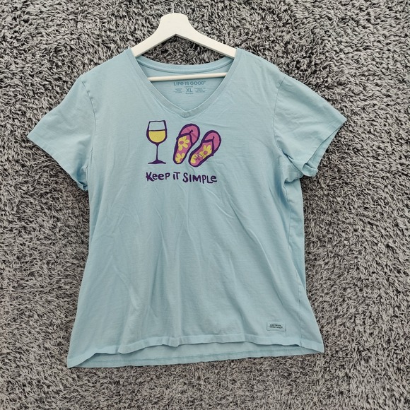 Life is Good Womens Coastal Beachy Crusher Tee XL Blue Wine Flip Flops Graphic - Picture 2 of 16